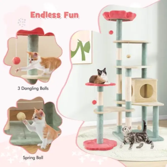 Costway 61&rdquo; Tall Cat Tree Multi-Level Aesthetic Floral Kitten Tower Indoor Cat Climbing Stand Activity Center image {7}