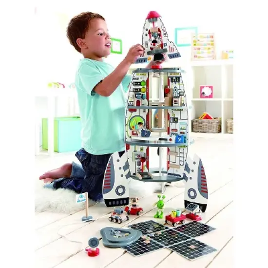 Hape Multi Level 4 Tier 37 Piece Wooden Discovery Spaceship Center Kids Activity Play Set with Multiple Rooms and Accessories image {5}