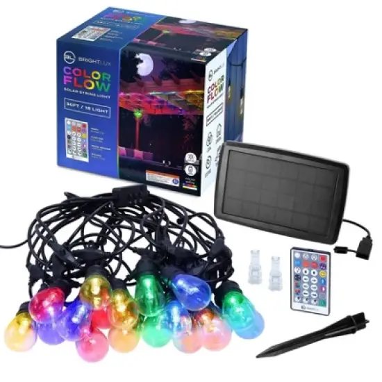 BrightLux 18ct LED 36ft Color Flow Solar Indoor Outdoor Filament String Lights Multicolor Bulbs with Black Wire image {8}