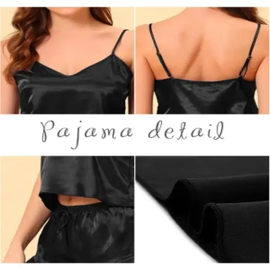 cheibear Women's Satin Spaghetti Cami Tops Shorts Sleepwear Lounge Sets image {3}