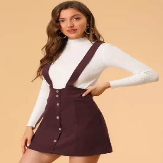 Allegra K Women's Corduroy Overall Dress A-line Decor Button Front Suspender Skirt image {3}