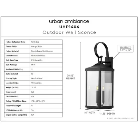 Urban Ambiance Luxury Transitional Outdoor Wall Sconce 30.625''H x 9.5''W,  Midnight Black Finish,  Calderdale Collection, UHP1404 image {5}