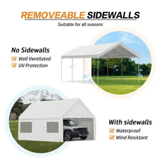 Aoodor Vehicle Carport Canopy, Heavy Duty Iron Frame Portable Garage with Removable Sidewalls and Roll-up Windows and Doors, Party Tent Boat Shelter image {9}