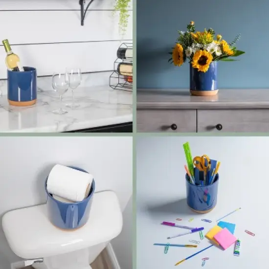 Elanze Designs 8 inch Floral Mushroom Leaf Large Ceramic Kitchen Utensil Holder Navy Blue and White Crock with Cork Base image {3}