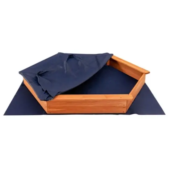 Costway Hexagon Wooden Cedar Sand Box w Seat Boards & Cover & Ground Liner image {9}