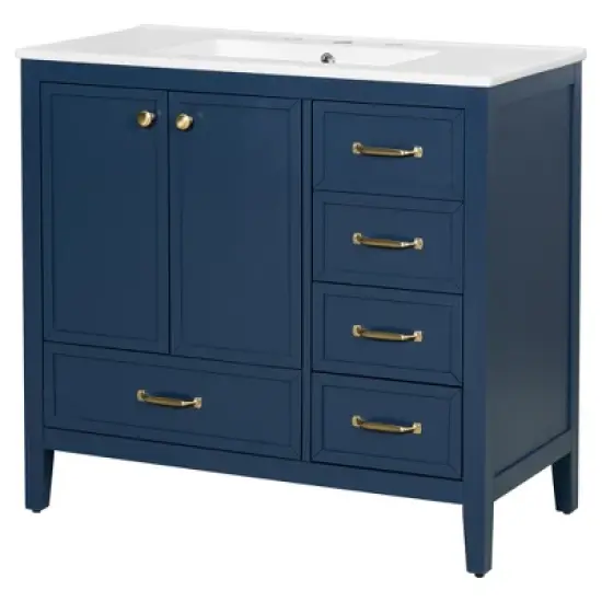 Christopher Knight Home Bathroom Vanity with Ceramic Sink, Bathroom Cabinet with Soft-Closing Door, Drawers of Different Sizes, Solid Wood Frame & Leg image {9}