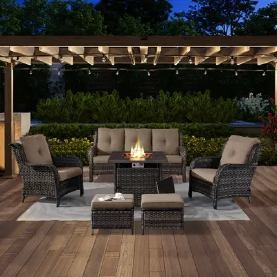 POCASSY 6PCS Patio Furniture Set with Square Fire Pit Table, All Weather Wicker Outdoor Conversation Set with Sofa, Patio Chairs, Firepit and Ottoman image {12}