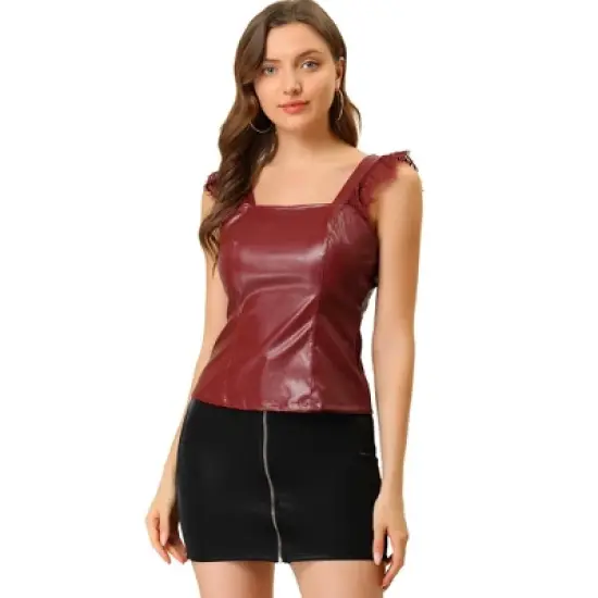 Allegra K Women's Lace Trim Party Faux Leather PU Tank Top image {7}