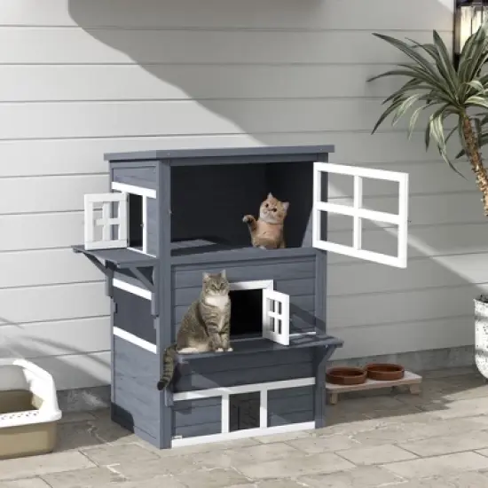 Gulches PawHut 3-Story Cat House Feral Cat Shelter, Outdoor Kitten Condo Jumping Platforms, Dark Gray image {1}