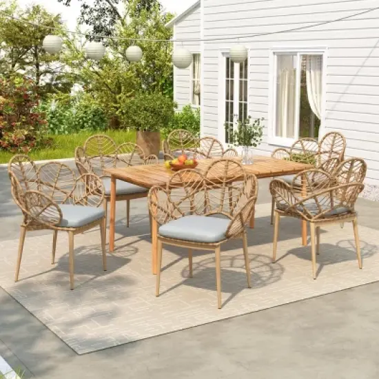 7-Piece Outdoor Patio Wicker Dining Set with Beige Cushions,  Brown 6 Chair and Acacia Wood Table Garden Set-Maison Boucle image {7}
