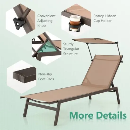 Costway 2 PCS Outdoor Chaise Lounge Chair with Sunshade 6-Level Adjustable Recliner image {7}