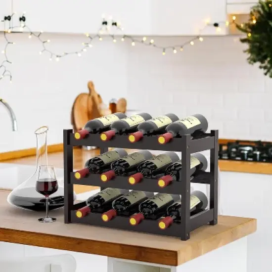 Itopfox Bamboo Wine Rack Countertop, 3-Tier 12 Bottles Wine Storage Shelf for Kitchen Pantry Cabinet - Dark Brown image {1}