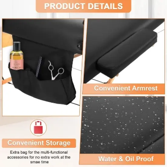 FDW Massage Table Massage Bed Heigh Adjustable 3 Fold 82" Massage Table W/Sheet Cradle Cover 2 Bolster Hanger Portable Facial Salon Tattoo Bed,Black image {2}
