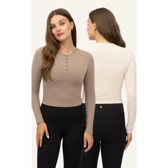 Yogalicious Womens 2 Pack Velvety Heather Valentina Long Sleeve Henley Crop Top image {5}