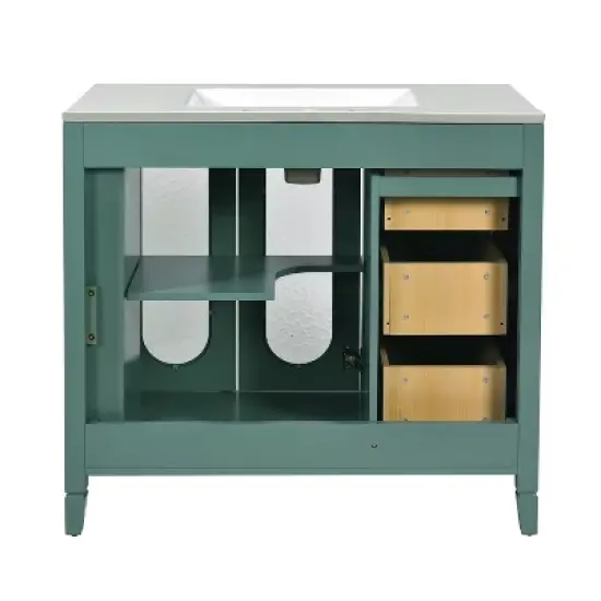 36" Solid Wood Bathroom Vanity with Soft Close Doors, 3 Drawers & Ceramic Sink, White/Lake Green Modern Storage Cabinet - ModernLuxe image {11}