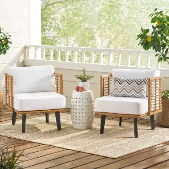 Nic 2pk Outdoor Wicker Club Chairs with Cushions - Light Brown/White - Christopher Knight Home image {1}