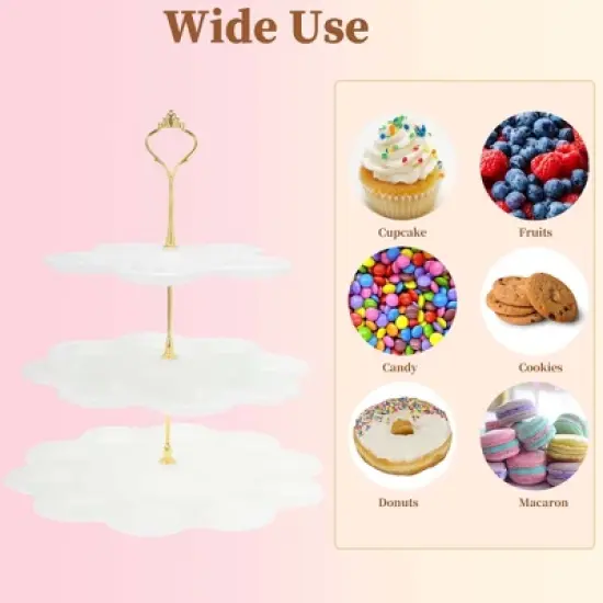 Unique Bargains 3-Layer Dessert Cupcake Stand Flower-shaped with Tiered Serving Tray for Pastries Donuts and Fruits White Glod Tone image {4}
