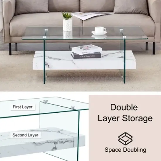 INFURNIC Patio End Tables Modern Rectangular Dining Table, Glass Table Top, Suitable for Small Space, Apartment, Studio,  White, 43.3"*23.6"*16.7" image {1}