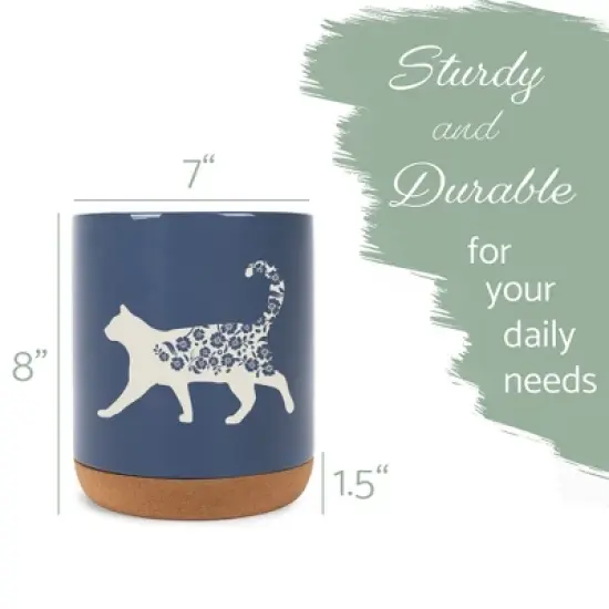 Elanze Designs Floral Cat Flowers Arrangement Kitten Ceramic Cork Bottom Navy Blue Large Capacity Utensil Holder Crock for Countertop Storage, Stylish image {1}