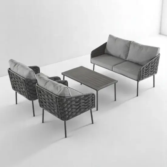 4-Piece Outdoor Patio Furniture Set with Rope Woven Chairs, Loveseat, Plastic-Wood Coffee Table, Water-Repellent Cushions & Rust-Resistant Frame image {5}