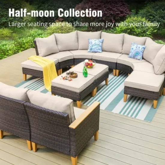 Captiva Designs 10pc Outdoor Wicker Rattan Patio Half-Moon Curved Sectional Sofa Set with Cushioned Ottoman image {2}