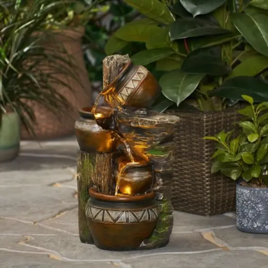 NAYSAYE Fountain Three Tier Stacked Jar Design with Cascading Water for Garden Patio Outdoor, Brown and Gray, 11.25"*8"*19.75" image {4}