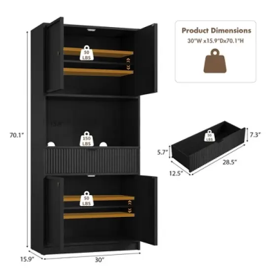 Kitchen Pantry Cabinet, 70" Tall Pantry Storage Cabinet with Countertop, Fluted Tall Cabinets with Doors and Drawer image {1}