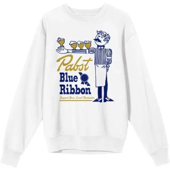 Pabst Blue Ribbon Bartender With Beer Logo Men's White Long Sleeve Sweatshirt image {7}