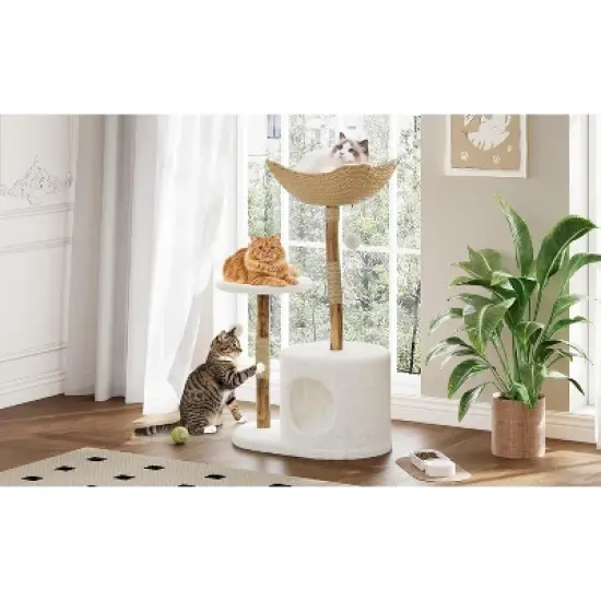 Nasitip 43" Natural Wood Cat Tree for Large Cats, White Aesthetic Cat Tower with Basket, Perches & Scratching Posts, Floor Standing image {1}