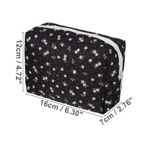 Unique Bargains Portable Floral Cosmetic Bag Black 1 Pc image {1}