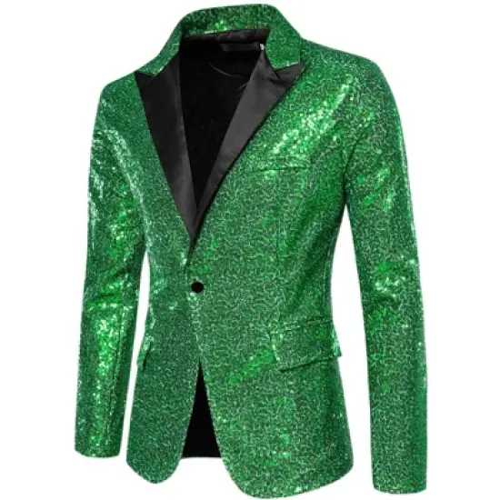 Lars Amadeus Men's Peak Lapel Color Block Shiny Sparkle Sequin Blazer image {5}