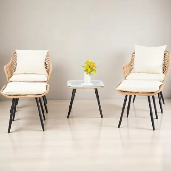 5-Piece Patio Bistro Set with Ottoman, Outdoor Wicker Furniture with Tempered Glass Table, Chairs and Footrests for Balcony, Porch, or Poolside image {13}