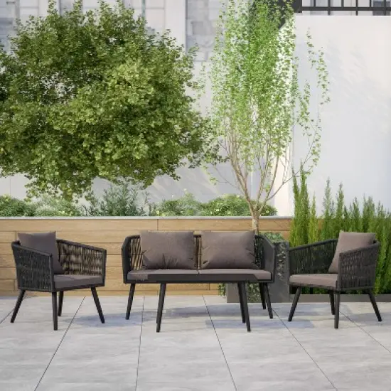 Emma and Oliver Black & Gray Woven All-Weather Four-Piece Conversation Set with Cushions & Metal Coffee Table for Porch, Backyard and Patio image {1}