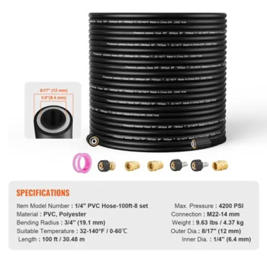 VEVOR Pressure Washer Hose, 100FT, 1/4" Kink Free M22-14mm Brass Thread Replacement For Most Brand Pressure Washers, 3/4'' Bending Radius, Black image {7}
