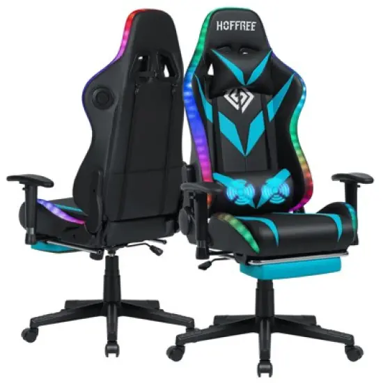 Hoffree Massage Reclining Gaming Chair Ergonomic Office PC Chair with Bluetooth Speaker & RGB Light image {11}