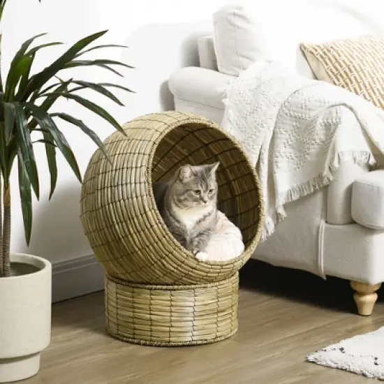 PawHut Cat Basket Bed with Cat Egg Chair Shape, Woven Elevated Cat Bed Kitty House, Raised Wicker Cat Bed for Indoor Cats, 20" Dia. x 23.5" H, Yellow image {1}