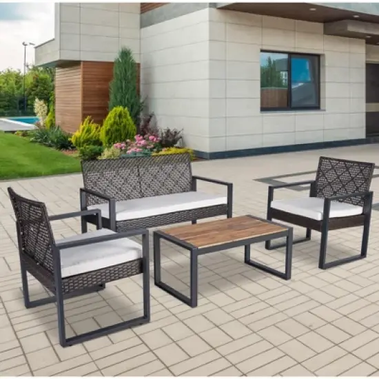 GDFStudio Elton Patio 4 pcs Steel and Rattan Conversation Set image {11}