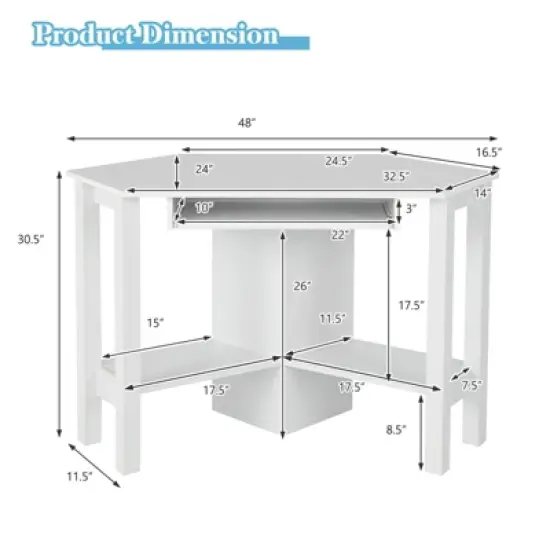 Costway Wooden Corner Desk With Drawer Computer PC Table Study Office Room White image {1}