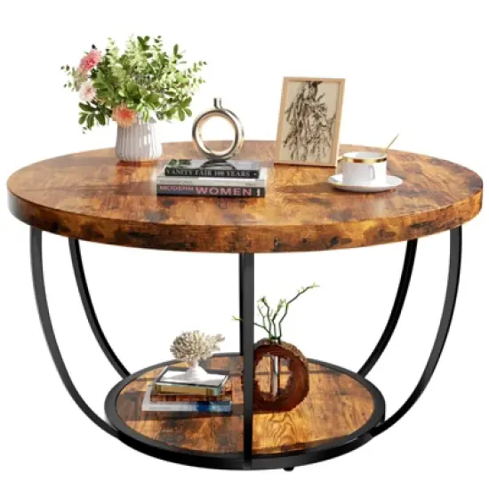 ORRD 31.5" Round 2-Tier Wood Coffee Table: Storage, Modern Accent image {3}