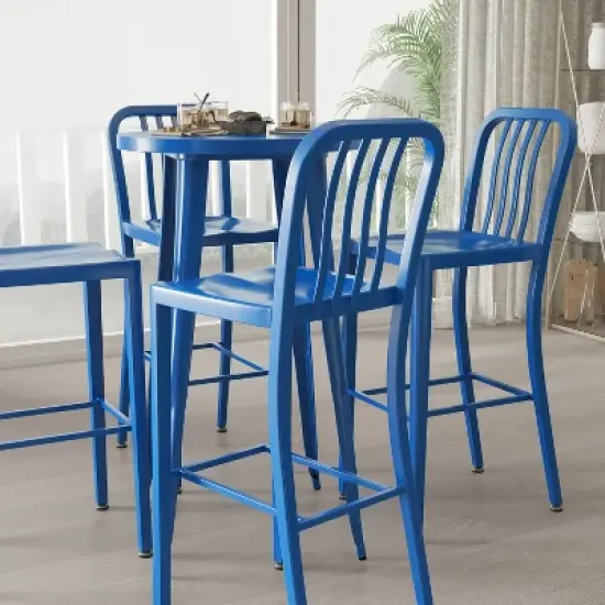 Merrick Lane Outdoor Dining Set with 24" Round Table and Slatted Back Bar Stools with Footrests image {2}