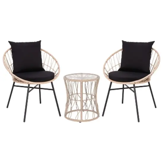 Emma and Oliver 3 Piece Boho Patio Set - Faux Rattan Rope Papasan Style Chairs with Cushions and Glass Topped Side Table image {14}