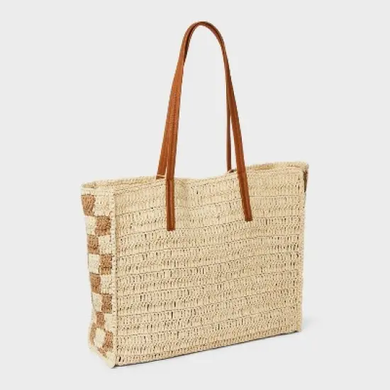 Straw Packable Checker Boxy Tote Handbag - Universal Thread&trade; Beige image {2}