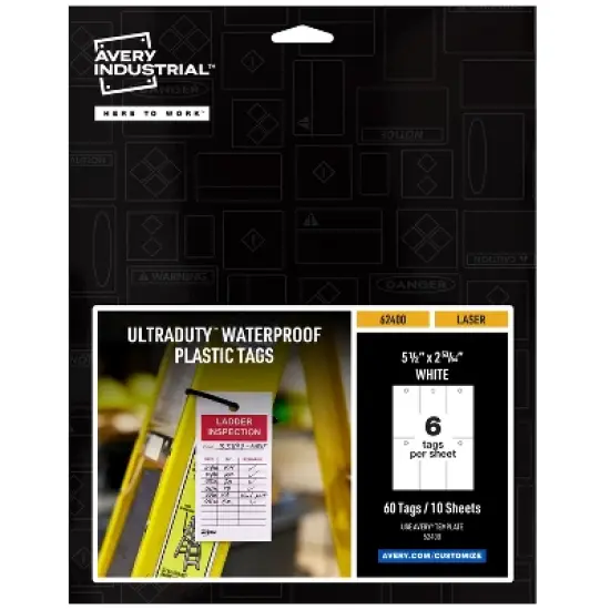 Avery UltraDuty Printable Plastic Hang Tags, 5.5" x 2.83", White Blank Tags, 50lb Pull-Strength, 60ct (62400) image {9}