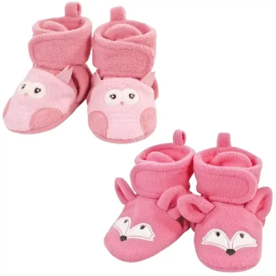 Hudson Baby Infant Girl Animal Fleece Booties 2-Pack, Pink Owl Fox image {5}