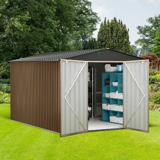 10x12 Ft Outdoor Metal Storage Shed, Galvanized Steel Garden Sheds with Lockable Doors, for Patio Lawn Backyard Outside Use, Grey image {7}