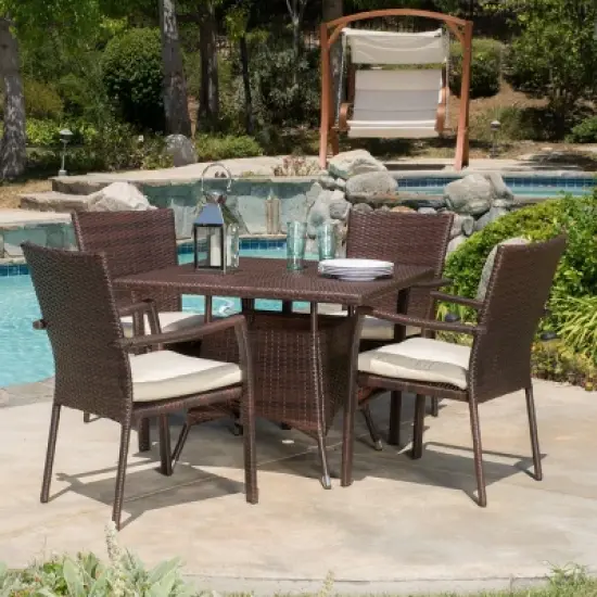 Campbell 5pc Wicker Patio Dining Set with Cushions - Multibrown - Christopher Knight Home image {7}