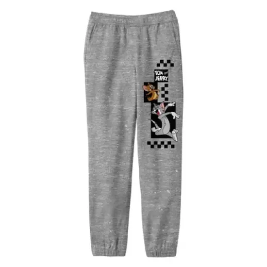 Tom & Jerry Jumping Characters With Checkered Background Youth Heather Gray Graphic Jogger Pants image {3}