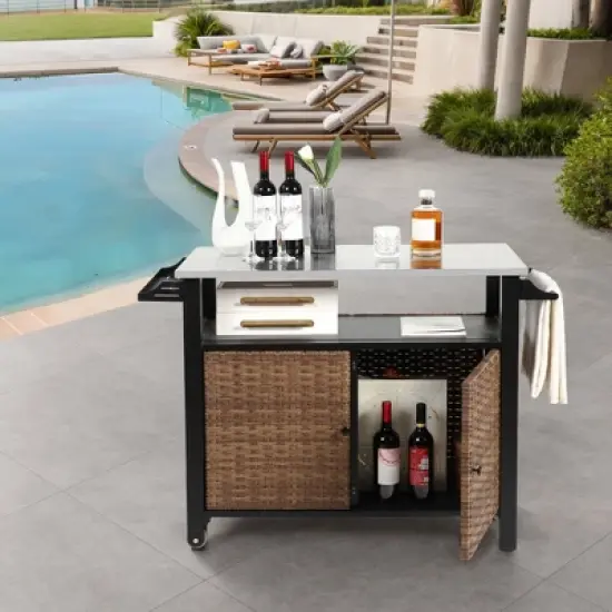 Outdoor Wicker Bar Cart, Kitchen Island Grill Table with Wheel,Rolling Buffet Serving Cart with Stainless Steel Top for Porch Garden Poolside image {7}