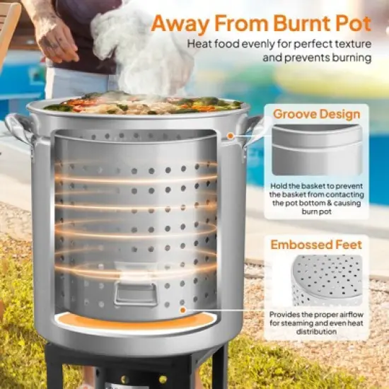 Winado 44 QT 3-Piece Stainless Steel Stock Pots with Strainer Basket, Lid, Hook and Steamer image {6}