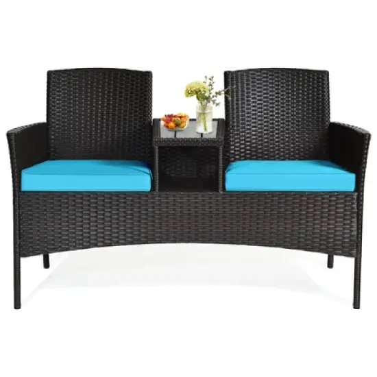 Tangkula Outdoor Patio Rattan Wicker Conversation Set Loveseat Sofa with Coffee Table image {7}